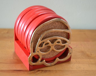 1983 Enesco Brass and Wood Christmas Coaster Set/Vintage Santa Coasters