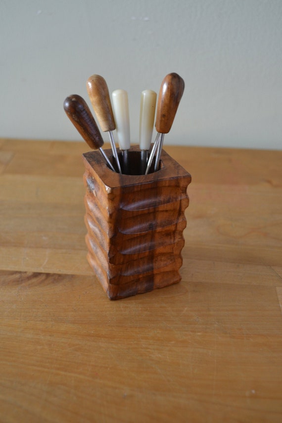 Beautiful Hand Carved Wood Toothpick Box and Toothpicks vintage