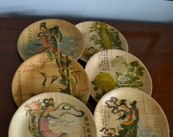 Set of 6 Vintage Bamboo Snack Plates - Bamboo Plate Specialist Snack Plates