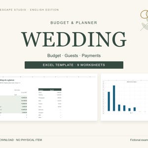 Könnte beinhalten: Eine digitale Excel-Vorlage für Hochzeitsbudget und -planung mit neun Arbeitsblättern. Das Dokument enthält eine Übersichtstabelle mit dem Titel Our wedding at a glance, ein Balkendiagramm für Ausgaben nach Kategorien sowie Budget, Guests, Payments.