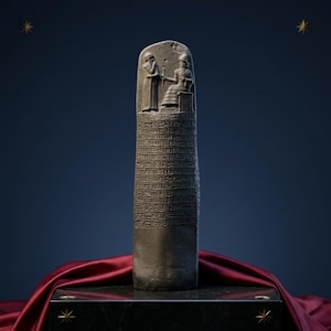 Puede incluir: Una estela de piedra de color gris oscuro con un relieve en la parte superior que muestra dos figuras, una de pie y otra sentada. La parte inferior de la piedra cilíndrica está cubierta con densas filas horizontales de escritura cuneiforme.