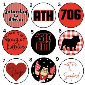 May include: A set of nine circular buttons featuring various designs: red and white stripes with text, black text on white, black text on red, red background with black text, black background with red text, a black bulldog silhouette on red plaid, a red heart with text, a bulldog mascot, and text on white.