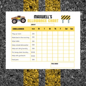 Peut inclure: Un tableau d'argent de poche blanc intitulé Maxwell's Allowance Chart avec un graphique de monster truck, une icône de barrière de chantier et un tableau avec des colonnes pour les jours de la semaine et des lignes pour les tâches ménagères.