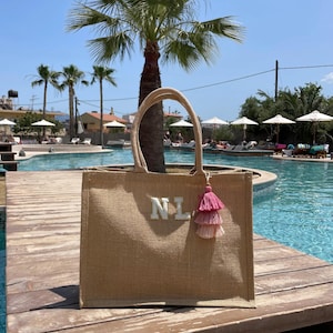 Personalised Patch Jute Tote Bag, Large Beach Bag, Initial Shopper, Holiday Tote, Custom Initial Summer Bag, Gift for Her
