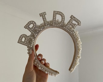 Personalised Pearl Headband, Bride Hen Party Crown, Honeymoon Hair Accessory, 18th 21st Birthday Headband, Gift for Her