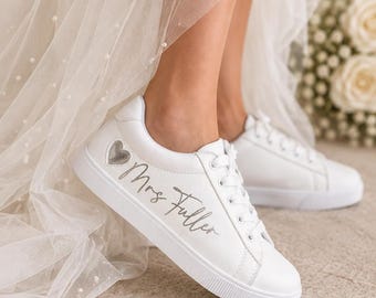 Personalised Bridal Trainers, White Heart Wedding Sneakers, Custom Date Bride Shoes, Reception Dance Floor Wedding Shoes