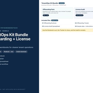 Könnte beinhalten: Ein digitales TenantOps Kit Bundle von FrydensbergTech für Microsoft 365, bestehend aus einem Offboarding-Paket und einem Lizenzaudit. Enthält ein Offboarding-Handbuch, einen Offboarding-Tracker, eine Lizenzaudit-Tabelle sowie Beispieldaten mit Anleitungen als PDF und xlsx.