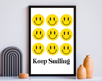 ¡Sigue sonriendo!, Láminas decorativas para pared, Láminas retro, Carita sonriente, Arte mural con carita sonriente, Lámina de arte moderno