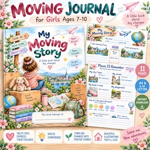Könnte beinhalten: Ein Umzugstagebuch für Mädchen im Alter von 7-10 Jahren mit dem Titel My Moving Story, das ein Kind mit einem Stoffhasen, einem Globus und einem Rucksack zeigt. Das Buch enthält Seiten für die Umzugsgeschichte und Erinnerungen an Orte sowie Bereiche für Gefühle.