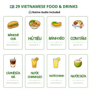 Könnte beinhalten: Eine digitale Lernübersicht mit dem Titel 29 VIETNAMESE FOOD & DRINKS und Native Audio Included. Sie zeigt acht rechteckige Karten, die jeweils eine farbige Abbildung eines vietnamesischen Gerichts oder Getränks, den Namen und eine Lautschrift enthalten.