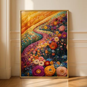 May include: A vertical rectangular wall art print in a gold frame featuring a vibrant, textured painting of a winding path through a dense field of colorful flowers in shades of orange, yellow, pink, purple, and blue, set against a golden sky.