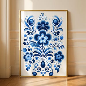 Delft Blue Botanical Garden Wall Art: Traditional Floral Design, Symmetrical Blue and White Pattern, Classic Folk Art Illustration