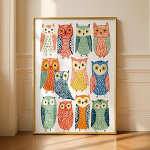 Folk Art Uil Collectie Muurdecoratie, Handgetekende Decoratieve Illustratie, Kleurrijk en Speels Woondecoratieontwerp