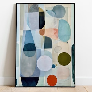 Puede incluir: Una lámina de arte abstracto enmarcada que presenta una composición de formas geométricas y círculos superpuestos en tonos azul marino, azul claro, verde oliva, naranja quemado y beige suave, dispuestos dentro de una cuadrícula de finas líneas verticales.