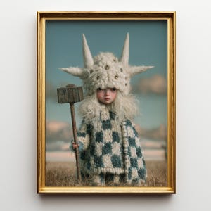 Puede incluir: Una lámina de arte enmarcada que muestra a una figura con un gorro blanco texturizado con cuernos y tachuelas metálicas, y un abrigo de cuadros azules y blancos. La figura sostiene un gran mazo de madera rectangular en un campo de hierba.