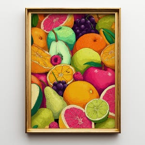 Puede incluir: Una impresión artística enmarcada que presenta una ilustración vibrante y colorida de varias frutas, incluyendo naranjas, pomelos, peras, manzanas, limas y uvas. La composición está densamente poblada con piezas de fruta enteras y cortadas.