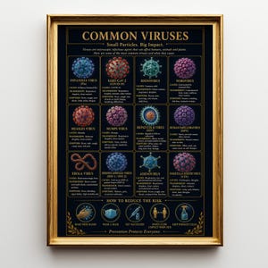 Op de afbeelding: Een ingelijste educatieve poster getiteld Common Viruses, met twaalf gedetailleerde illustraties van diverse virussen zoals Influenza, SARS-CoV-2 en Ebola. Elk item vermeldt oorzaken, overdracht en symptomen. Onderaan staan vijf iconen voor gezondheidspreventie.