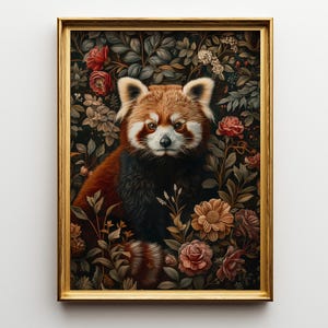 Red Panda in Bloom: William Morris Botanical Art, Arts and Crafts Wildlife Illustration, Victorian Floral Pattern Design