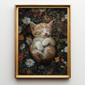 Dreaming Among the Flowers: Sleeping Orange Kitten, Digital Pet Portrait, Vintage Floral Background