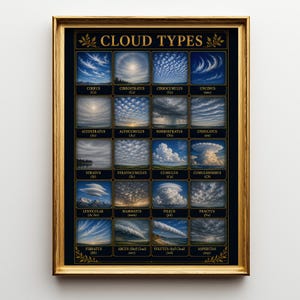 Cloud Types Chart: 16 Major Cloud Classifications, Educational Meteorology Reference Guide, Gold-Framed Atmospheric Formations Infographic