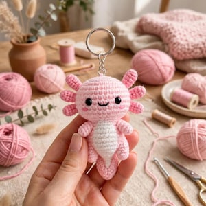 Puede incluir: Un llavero de axolote tejido a mano con cuerpo rosa claro, vientre blanco, ojos negros pequeños y una boca sonriente. La figura de peluche tiene tres pares de branquias rosadas plumosas a los lados de la cabeza y un anillo de metal plateado.