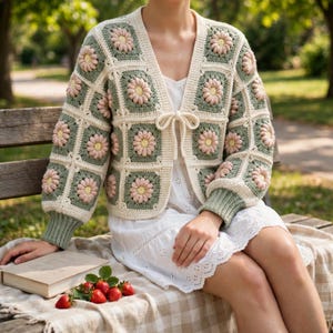 Puede incluir: Una chaqueta de ganchillo con un patrón de cuadrados de la abuela en verde salvia y crema con centros de flores rosas en relieve. La prenda tiene mangas largas, cuello en V y un cierre frontal de lazo de hilo crema, sobre un vestido blanco.