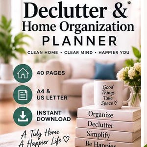 Pode incluir: Um planejador digital de organização doméstica com 40 páginas nos tamanhos A4 e US Letter. A capa apresenta o texto "Clean Home, Clear Mind, Happier You" e "A Tidy Home, A Happier Life". Uma caneca branca e livros empilhados são visíveis.