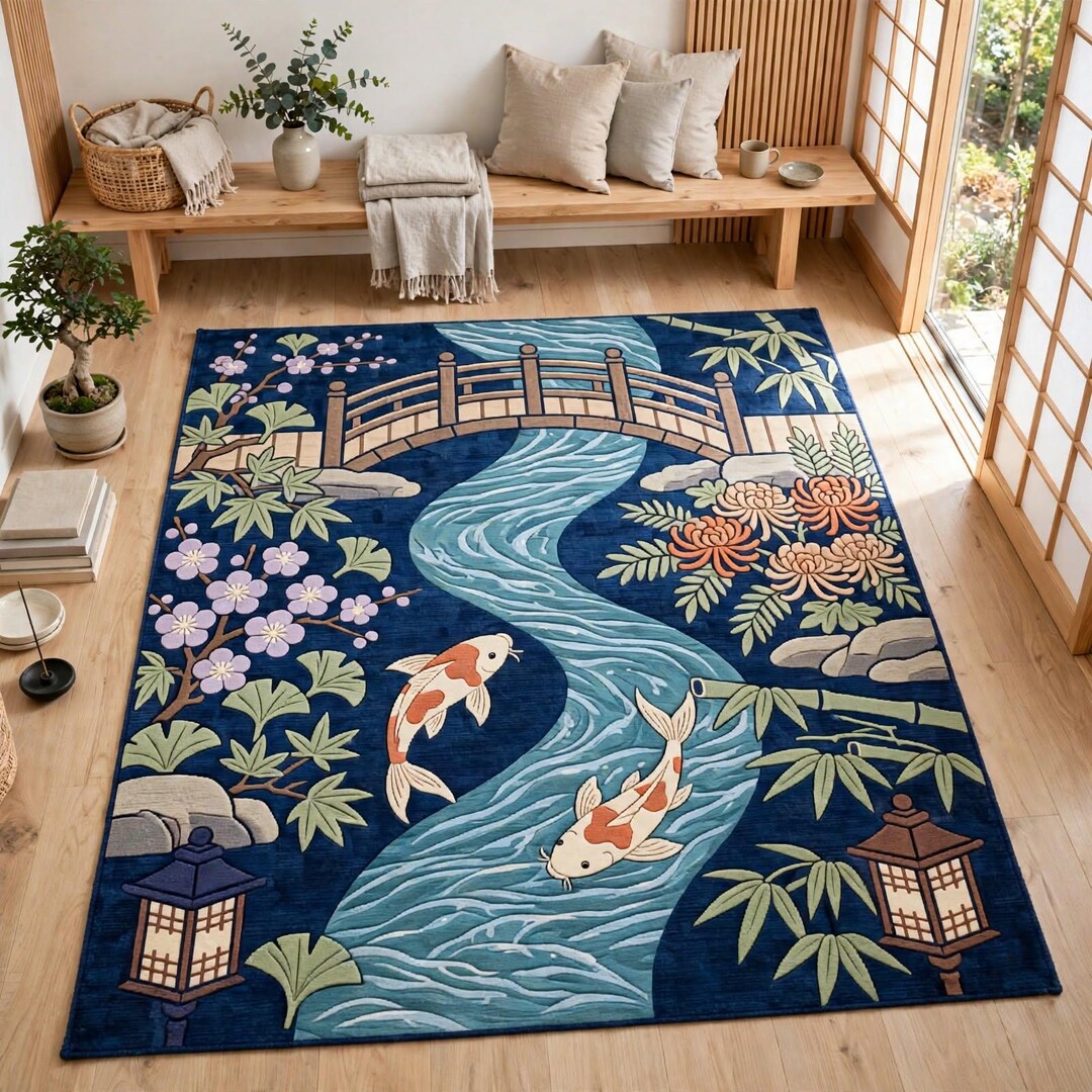 Fish Tuft Rug Buy Hand Tufted Japanese Rug, Koi Fish Area Rug, Zen Garden Decor ...