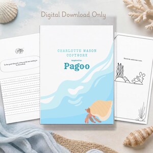 May include: A digital download of Charlotte Mason copywork inspired by Pagoo, featuring a white cover with blue wave graphics and a hermit crab illustration. The set includes pages with handwriting practice lines and an underwater sketching prompt.