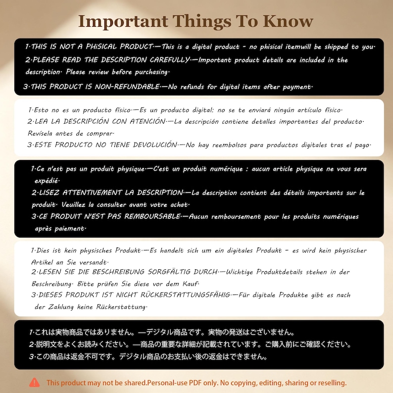 May include: A digital product information graphic titled Important Things To Know. It features five distinct sections with text in English, Spanish, French, German, and Japanese, clarifying that the item is a non-refundable digital file.