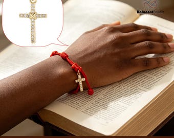 Rotes Kordelarmband mit 7 Knoten, Zirkonia-Steinen, Makramee-Schmuck im Boho-Stil