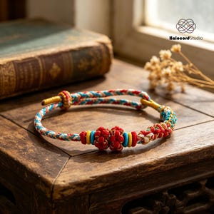 May include: A braided cord bracelet featuring a multi-coloured pattern of red, blue and white threads. The bracelet includes two prominent red knotted spheres, smaller yellow and blue cylindrical accents, and gold-toned thread detailing throughout.