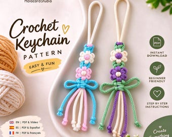 Anleitung für einen Makramee-Blumen-Schlüsselanhänger für Anfänger, DIY-Taschenanhänger (PDF- und Video-Tutorial)