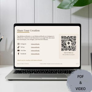 May include: A laptop screen displaying a Share Your Creation page with a QR code for HalocordStudio. The text includes social media handles for Instagram, TikTok, YouTube, and Facebook, along with instructions to tag the brand for features.