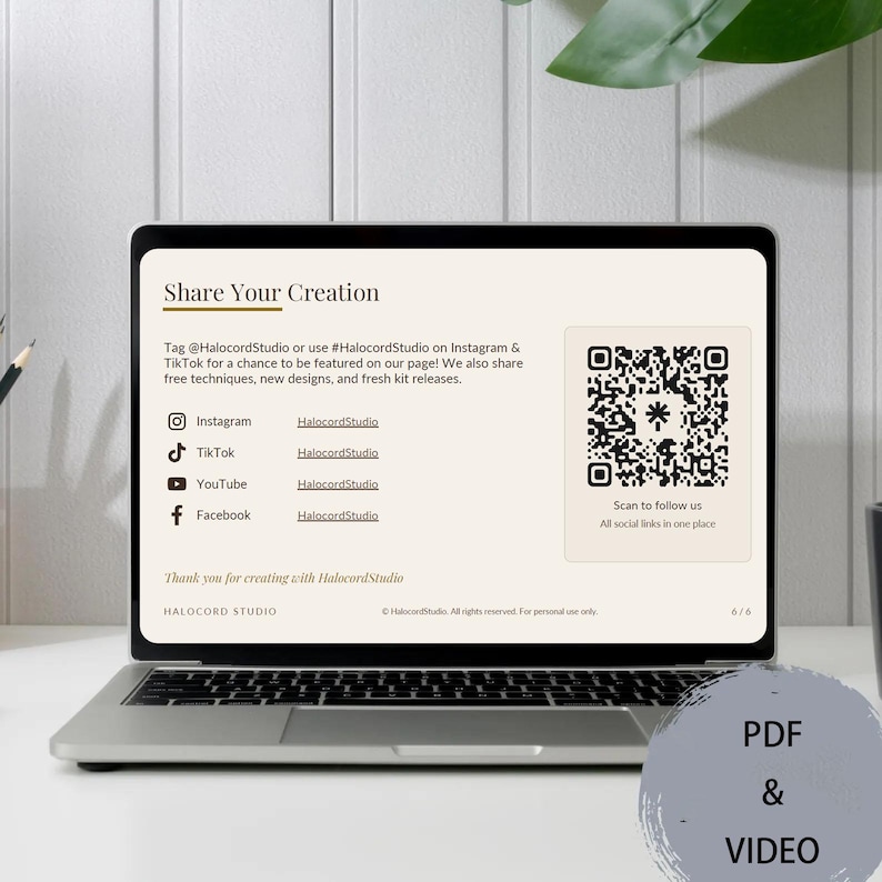 May include: A laptop screen displaying a Share Your Creation page with a QR code for HalocordStudio. The text includes social media handles for Instagram, TikTok, YouTube, and Facebook, along with instructions to tag the brand for features.