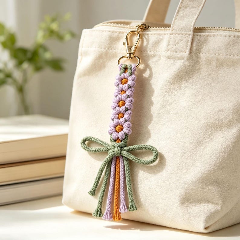 May include: A macrame keychain featuring a vertical row of four lavender flowers with orange centers, attached to a gold-toned metal lobster clasp. The design includes a sage green cord tied into a bow at the base with dangling fringe ends.
