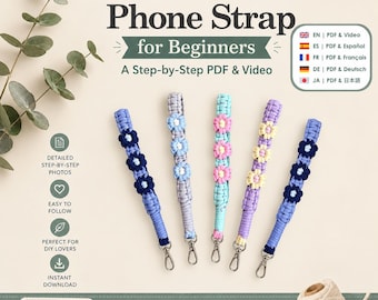 Beginner Macrame Phone Strap Pattern, Floral Lanyard Charm (PDF & Video)