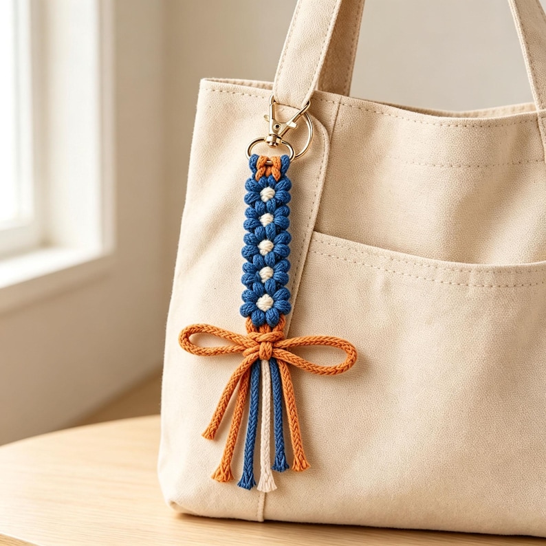 May include: A macrame bag charm featuring a vertical row of blue and white flower-shaped knots attached to a gold-toned metal lobster clasp. The bottom is finished with an orange cord bow and dangling orange, blue, and white cord fringe ends.