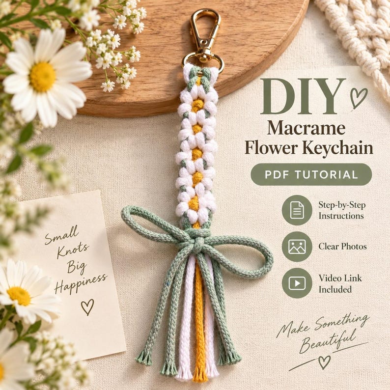 May include: A macrame flower keychain featuring white and yellow cord petals with a sage green center and base. The keychain includes a gold metal lobster clasp. Text on the image reads: DIY Macrame Flower Keychain, PDF Tutorial, Step-by-Step Instructions, Clear Photos, Video Link Included, Small Knots Big Happiness, and Make Something Beautiful.