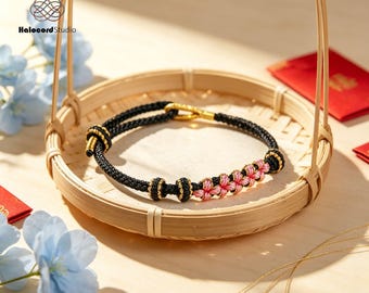 Handgefertigtes Makramee-Armband mit Pfirsichblütenmotiv, Boho-Freundschaftsarmband (Rosa)