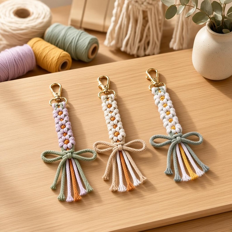 May include: Three macrame keychains featuring daisy flower patterns and gold-tone lobster clasps. Each keychain includes a decorative bow and a multi-colored fringe at the base, with color combinations of lavender, cream, and sage green.