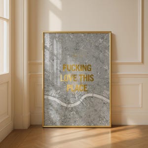 May include: A rectangular framed wall art piece featuring a grey aerial map of a city with a winding river. The text FUCKING LOVE THIS PLACE is printed in bold, metallic gold lettering across the center of the map. The frame is gold.