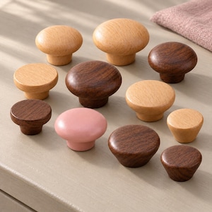 Wooden Cabinet Knobs, Mushroom, Flat-Top, Round Styles (Beech, Walnut, Pink)