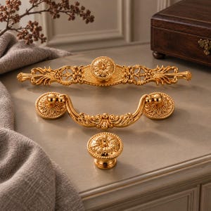 Ornate Gold Brass Cabinet Knobs and Pulls, Floral Drawer Handles, Vintage Furniture Hardware