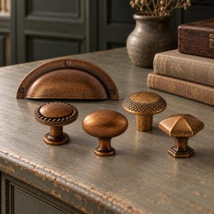 May include: A collection of five bronze-toned metal cabinet hardware pieces including one semi-circular cup pull and four distinct knobs. The knobs feature varied textures including a rope-style border, a smooth oval, a diamond-patterned top, and a faceted geometric shape.