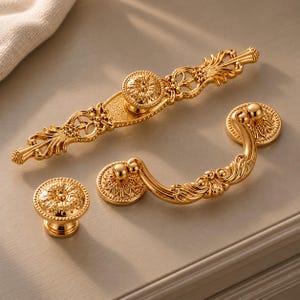 Ornate Gold Brass Cabinet Knobs and Pulls, Floral Drawer Handles, Vintage Furniture Hardware