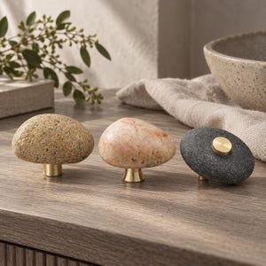Natural Stone Cabinet Knobs, Pebble Drawer Pulls in Raw, Polished and Copper Detail Styles