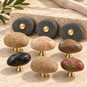 Natural Stone Cabinet Knobs, Pebble Drawer Pulls in Raw, Polished and Copper Detail Styles