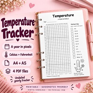 Könnte beinhalten: Ein rosa Ordner mit einer Temperatur-Tracker-Seite, die ein Raster für ein Jahr in Pixeln enthält. Die Seite zeigt eine Temperaturskala von 40+ bis unter -10, eine Thermometer-Illustration sowie Text wie Temperature, A Year in Pixels und Pattern key.