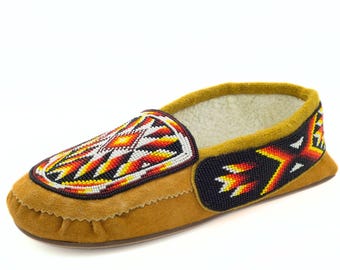 Thunderbird Beaded Moccasins, Hand Beaded Cow Suede Slippers, Fleece Lined Slip On House Shoes Men Women, Handmade Gift